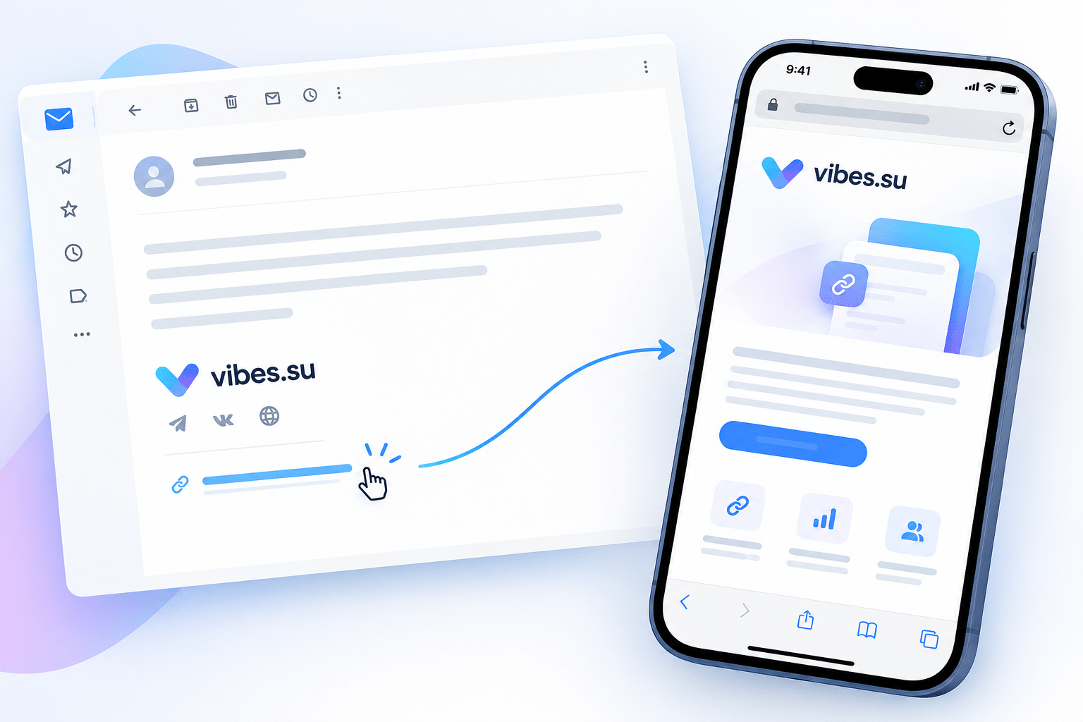 Письмо с email-подписью и ссылкой, смартфон с открытым переходом по ней