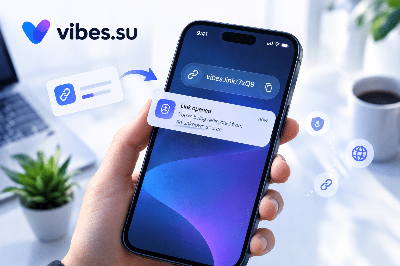 Смартфон с короткой ссылкой и уведомление о переходе из неизвестного источника