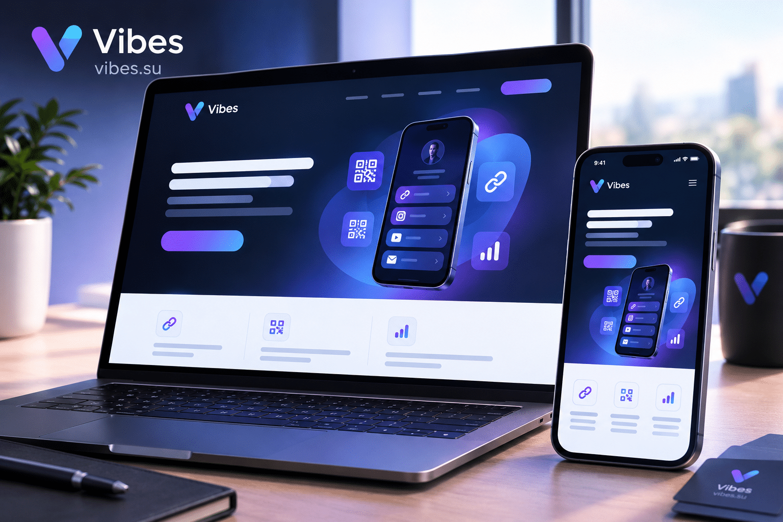 Ноутбук с одностраничным лендингом на статическом хостинге и смартфон с той же страницей