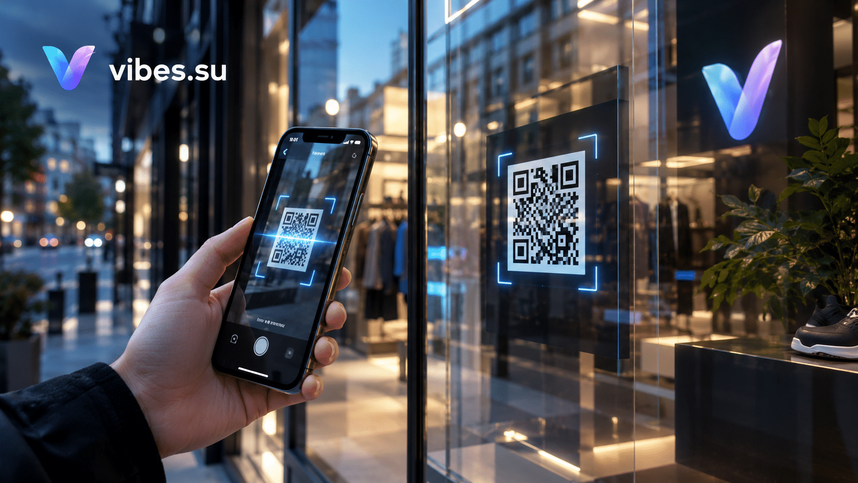 QR-код на стеклянной витрине магазина, считываемый смартфоном с улицы