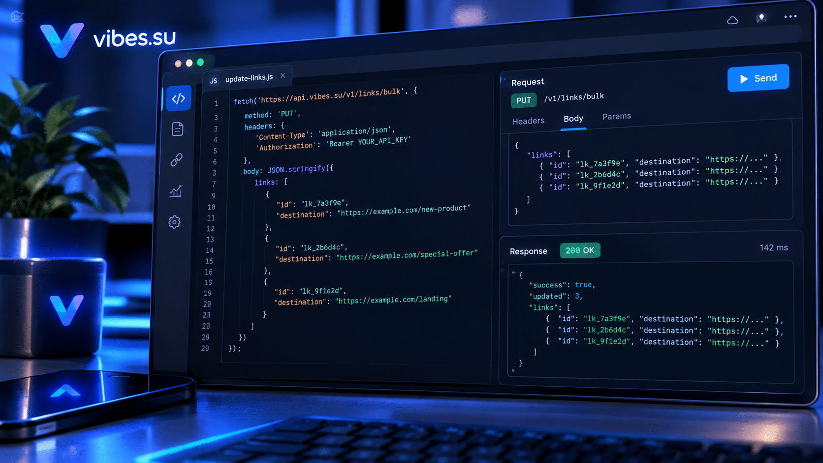 Code editor showing an API request for updating multiple short link destinations