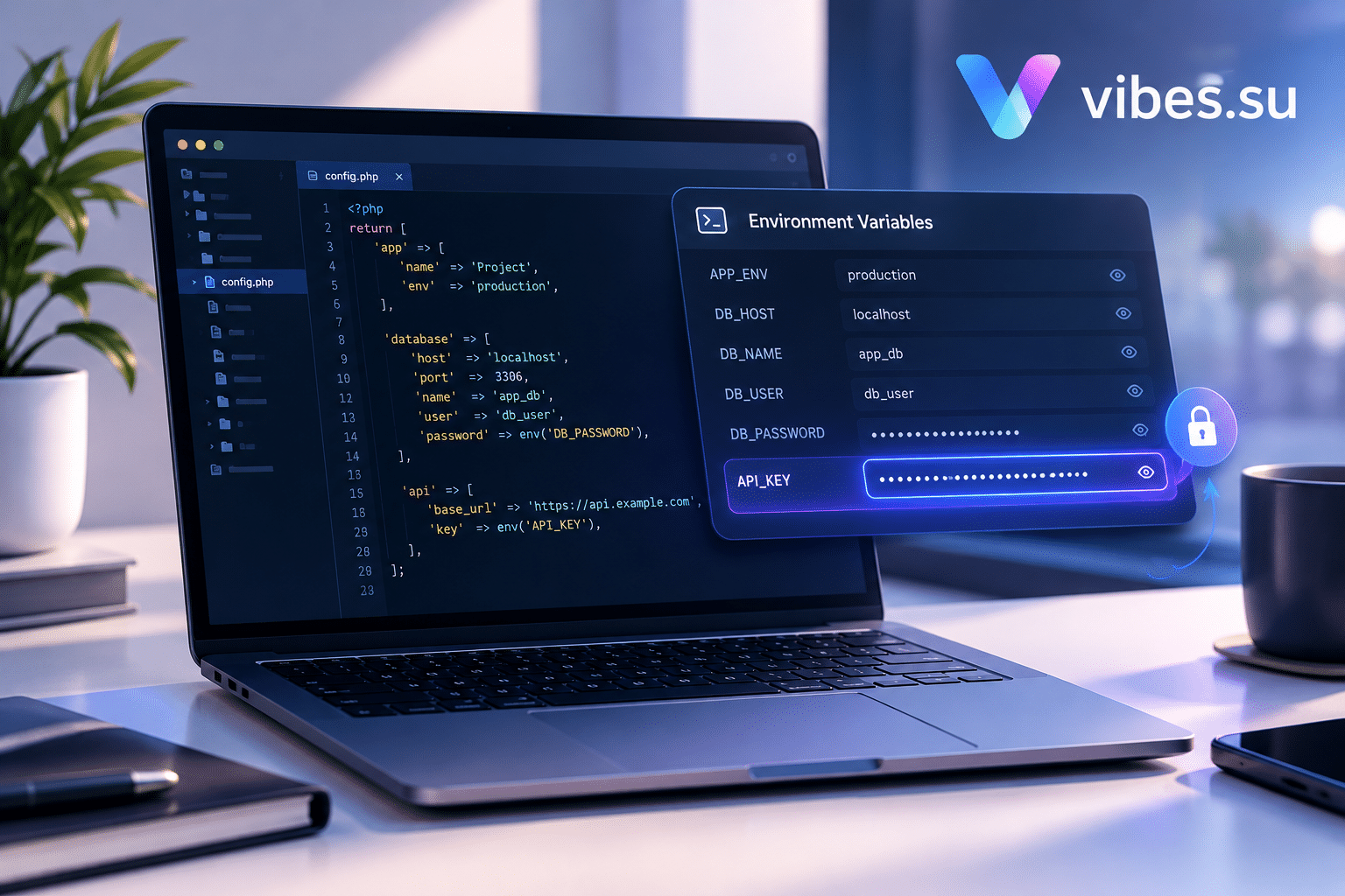 Ноутбук с открытым файлом конфигурации и переменными окружения для API-ключа