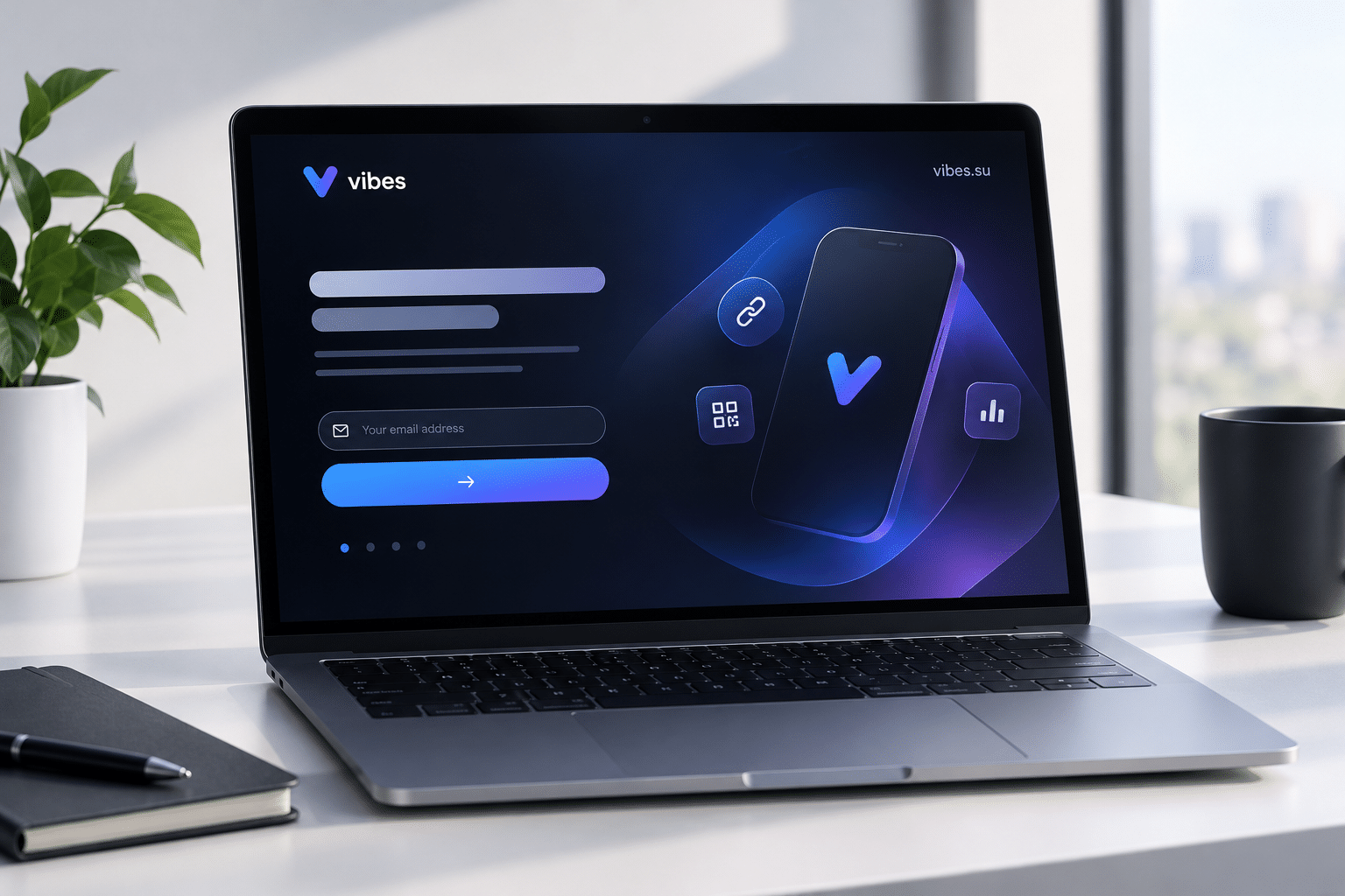 Splash page on a laptop screen teasing an upcoming product with a signup form