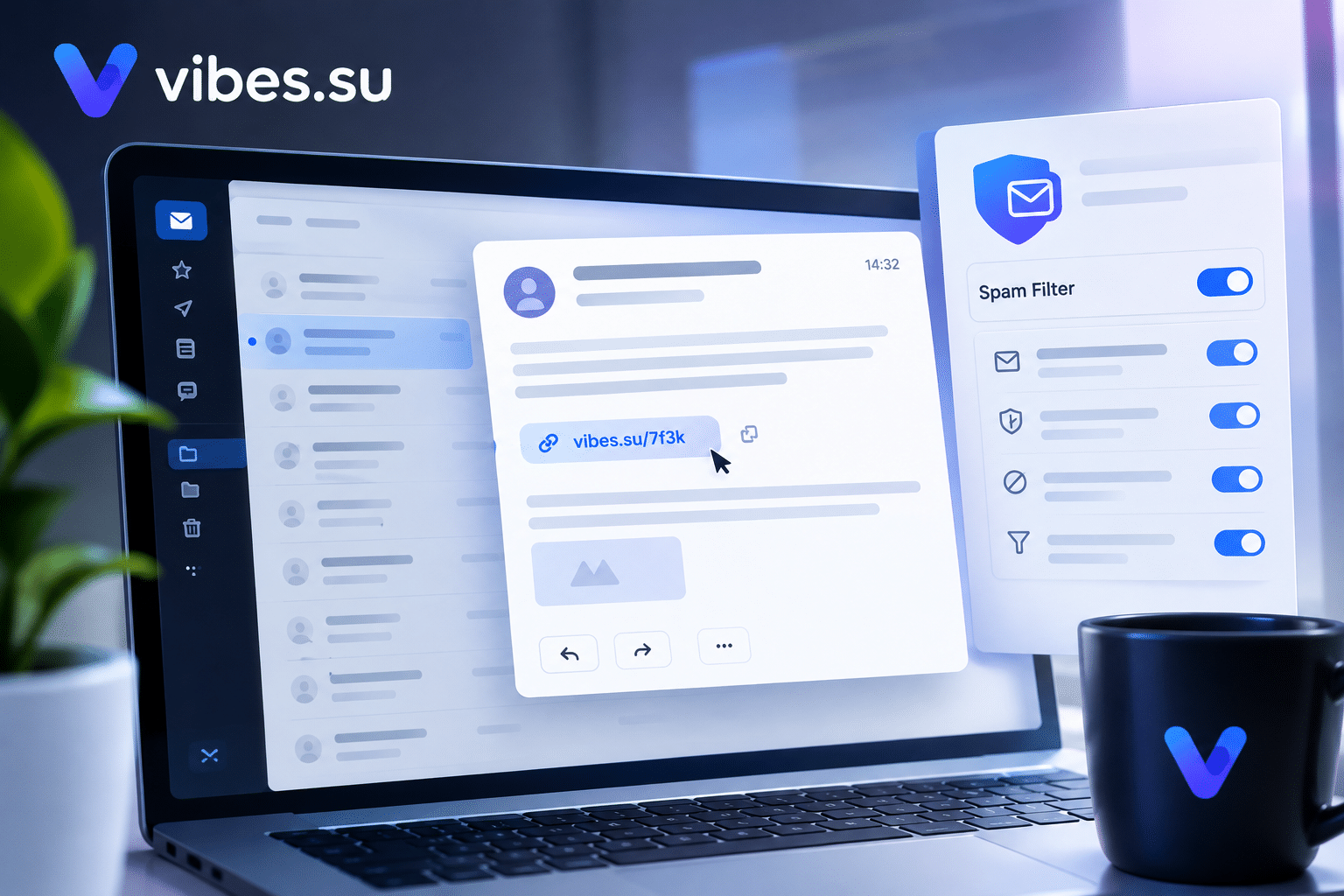 Email inbox with a short link highlighted and spam filter settings in the background